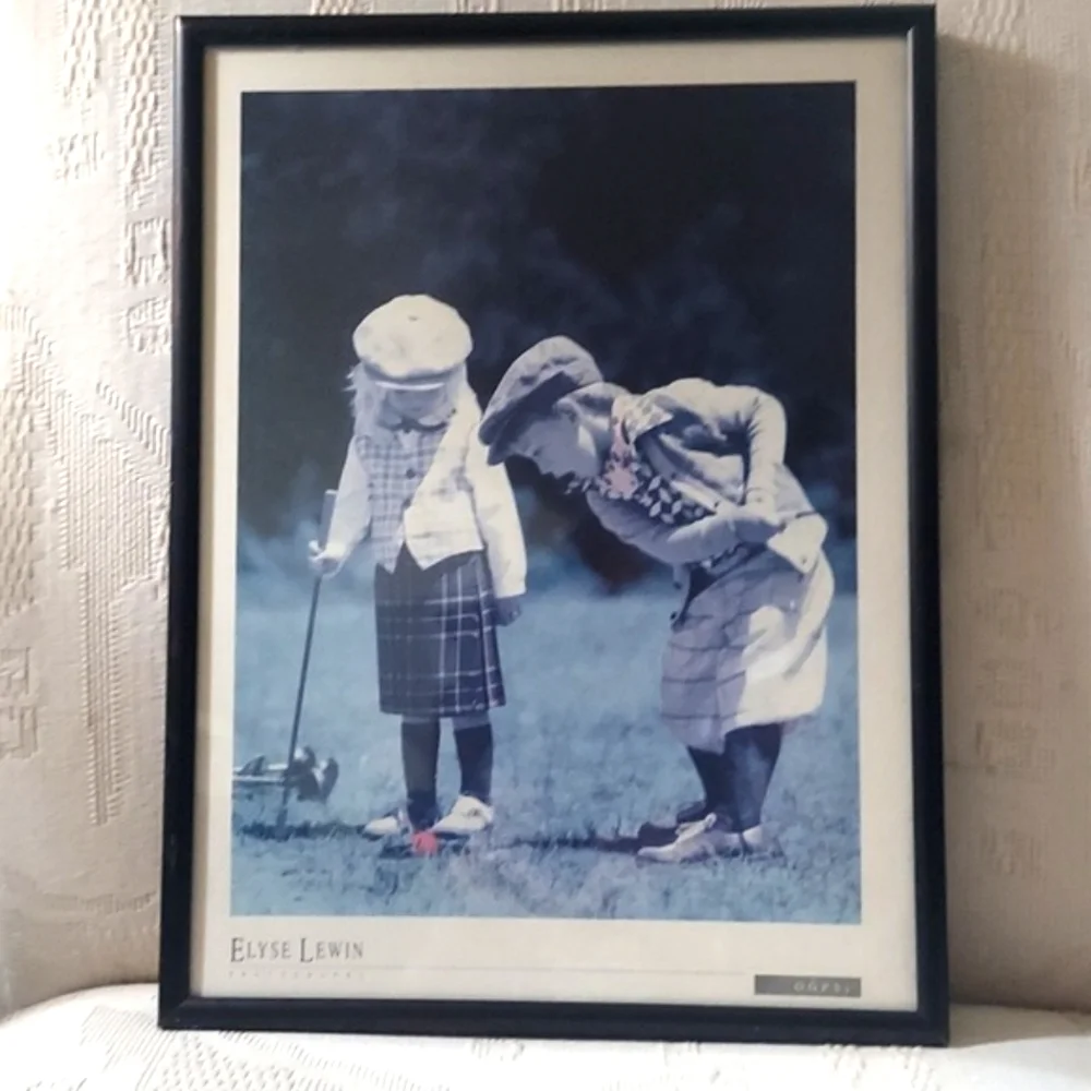 1990 Oops! Lil Girl & Boy Vintage Golfers Metal Framed Poster Elyse Lewin 9x12